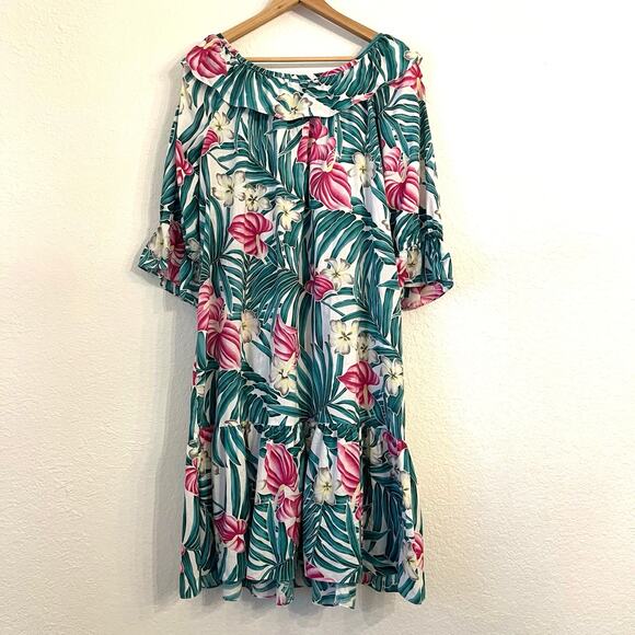 Vintage Hilo Hattie Tropical Print Dress XL Hawaii Palm Leaf Floral Muumuu Midi - Picture 7 of 11